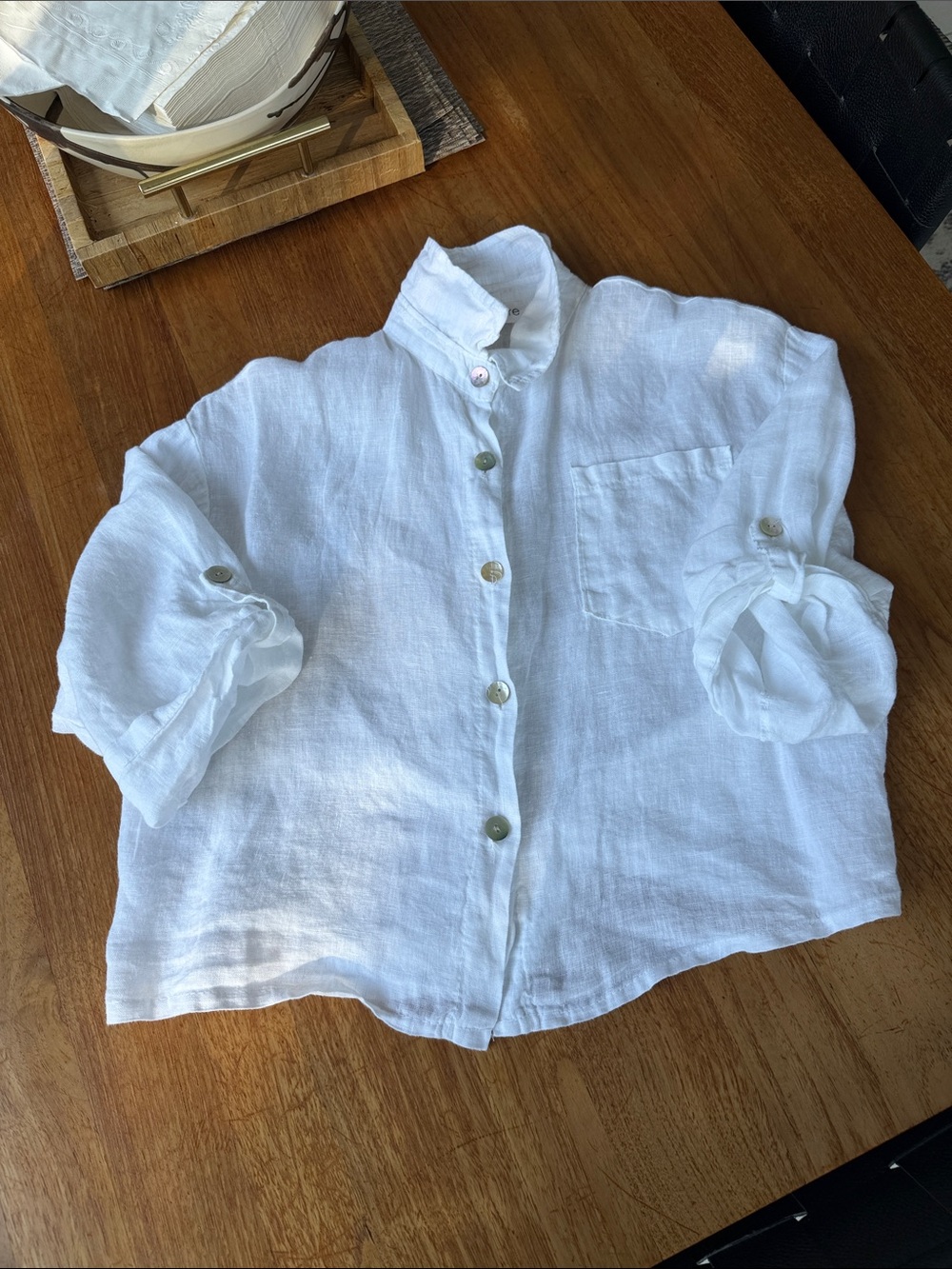 White Cropped Linen Button-Down Shirt